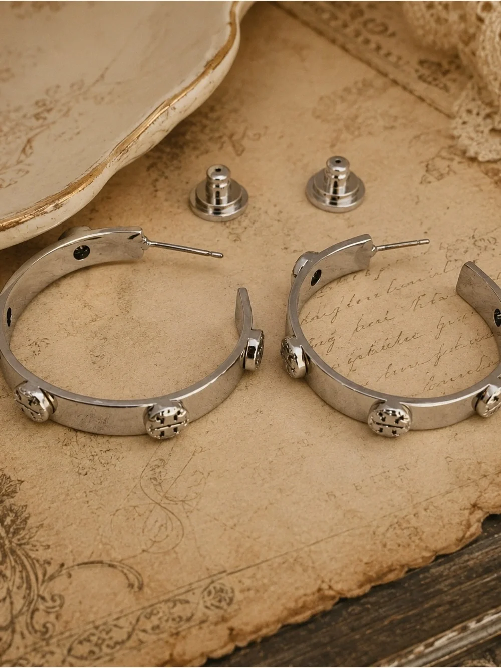 TORY BURCH • Silver Milgrain Logo Hoop Earrings Includes Tory Burch Jewelry Bag